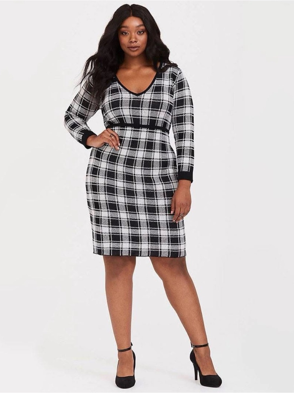 Torrid Black & Cream Plaid V-Neck Sweater Dress